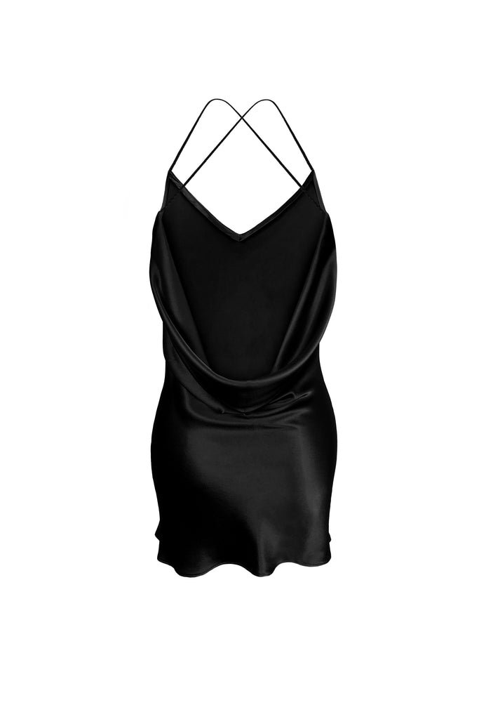 Dropper Silk Slip Dress Black - KESNYC.COM, Mini Silk Slip Dress Black, mini black silk dress, mini black dress, open back mini dress