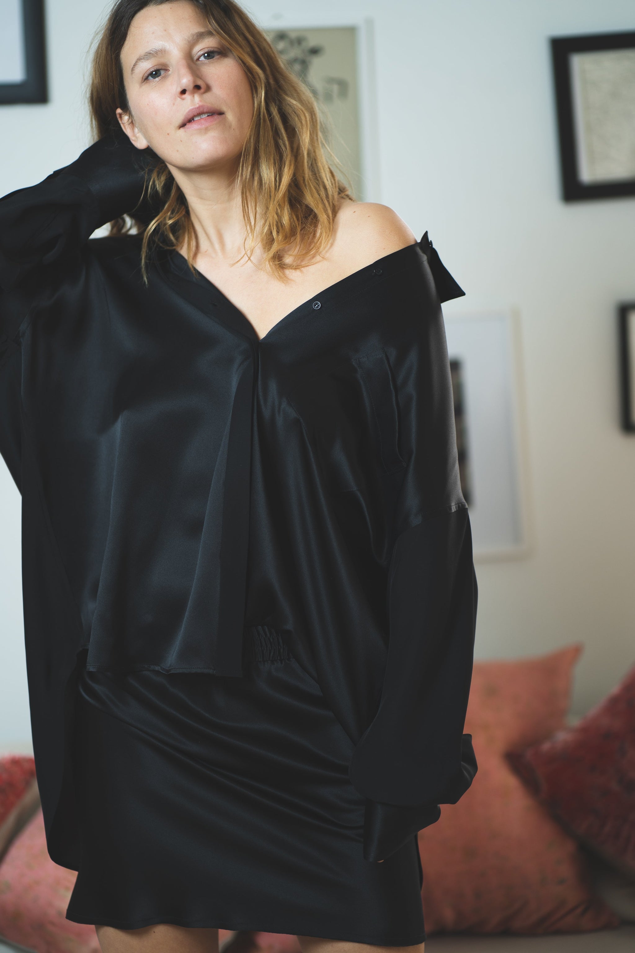 Oversized Button Down Silk Combo Shirt - Black KES Oversized Button Down Silk Combo Shirt - Black KES