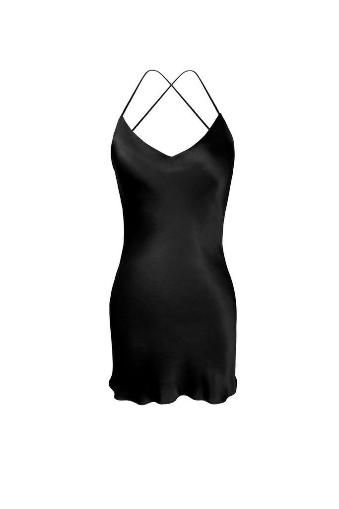 Dropper Silk Slip Dress Black - KESNYC.COM, Mini Silk Slip Dress Black, mini black silk dress, mini black dress, open back mini dress