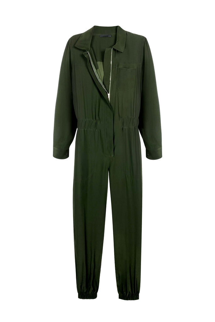 Fortuna Silk Jumpsuit - Military - KESNYC.COM