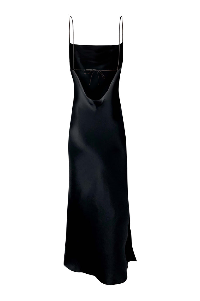 Juno Front Slit Slip Silk Dress - Black - KES