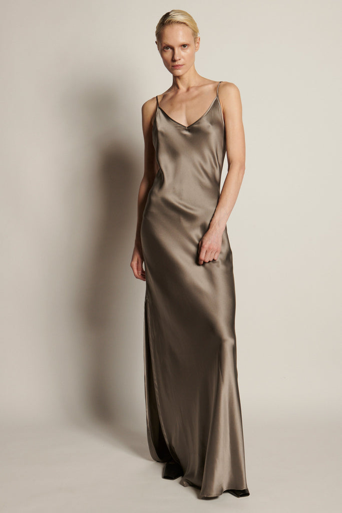 Full Length Slip Dress with Slit - Ash