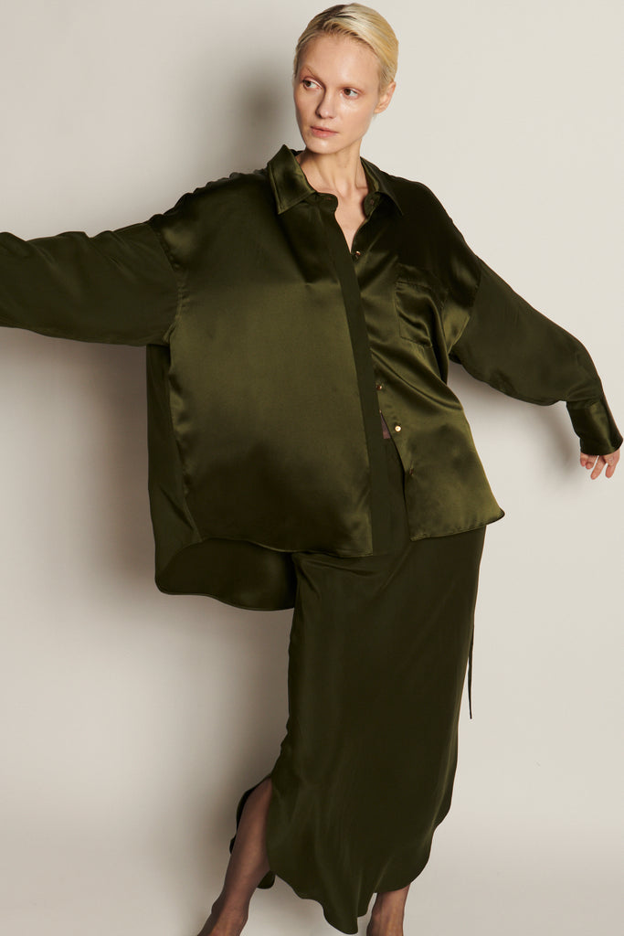 Oversized Button Down Silk Combo Shirt - Military - KESNYC.COM