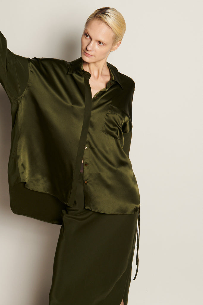 Oversized Button Down Silk Combo Shirt - Military - KESNYC.COM