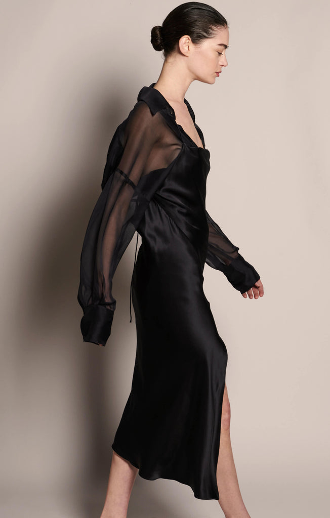 Juno Front Slit Slip Dress - Black - KESNYC.COM