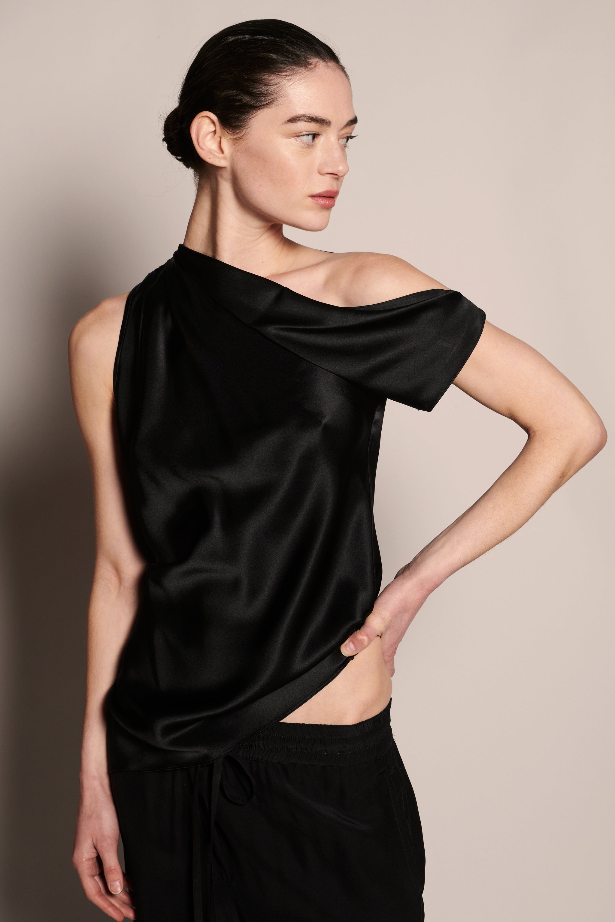 Asymmetric Brown Top | Off the Shoulder Silk Top | KES