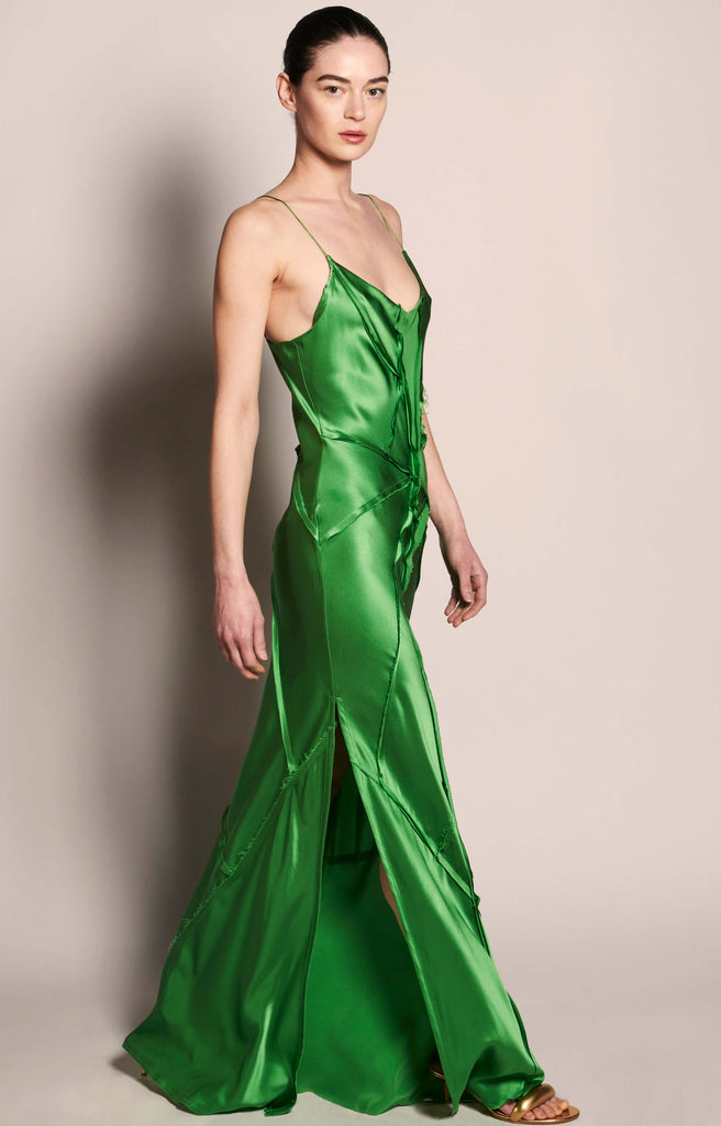 Green Elongated Recycled Dress | Long Silk Dress | KES Green Elongated Recycled Dress | Long Silk Dress | KES