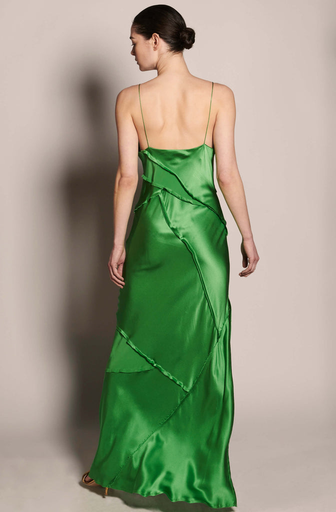 Green Elongated Recycled Dress | Long Silk Dress | KES Green Elongated Recycled Dress | Long Silk Dress | KES