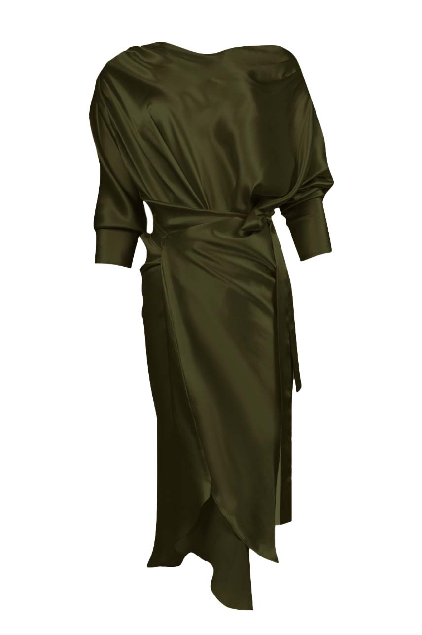 Olive Green Satin Wrap Dress | Off The Shoulder Dress | KES Olive Green Satin Wrap Dress | Off The Shoulder Dress | KES