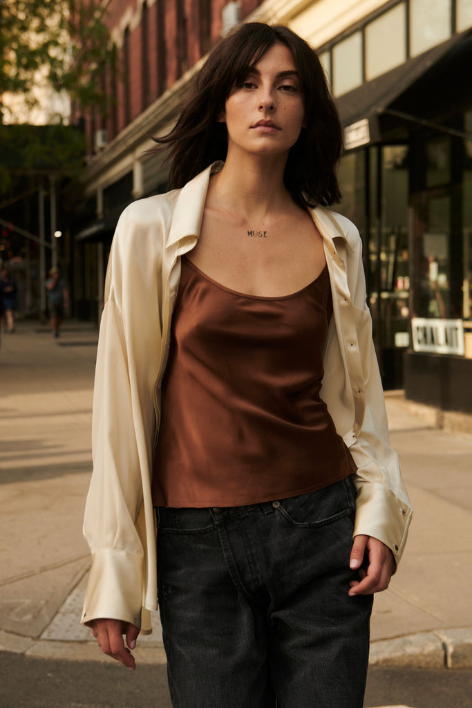 KES Oversized Button Down Silk Combo Shirt - Limestone - KESNYC.COM