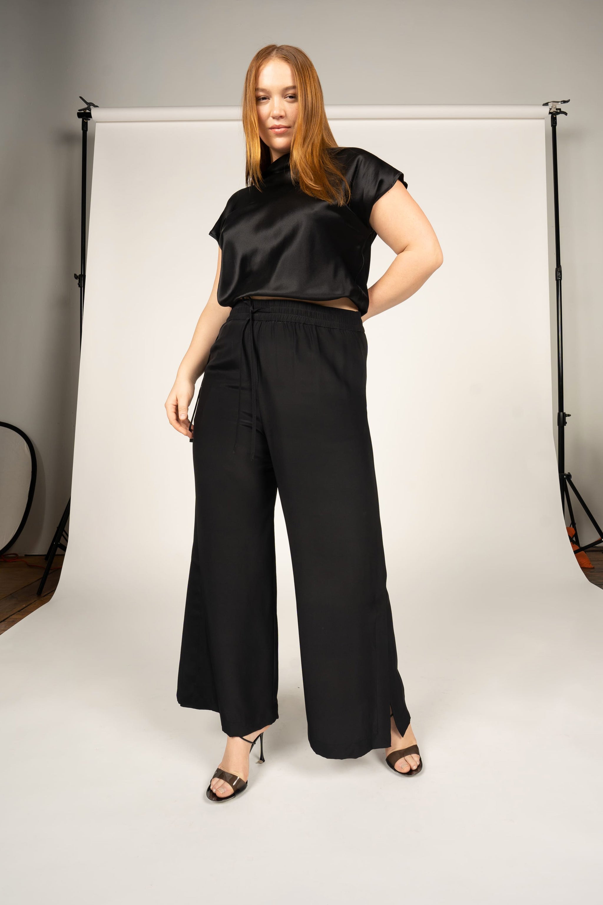 Black Pajama Wide Leg Pants | Silk Pants | KES