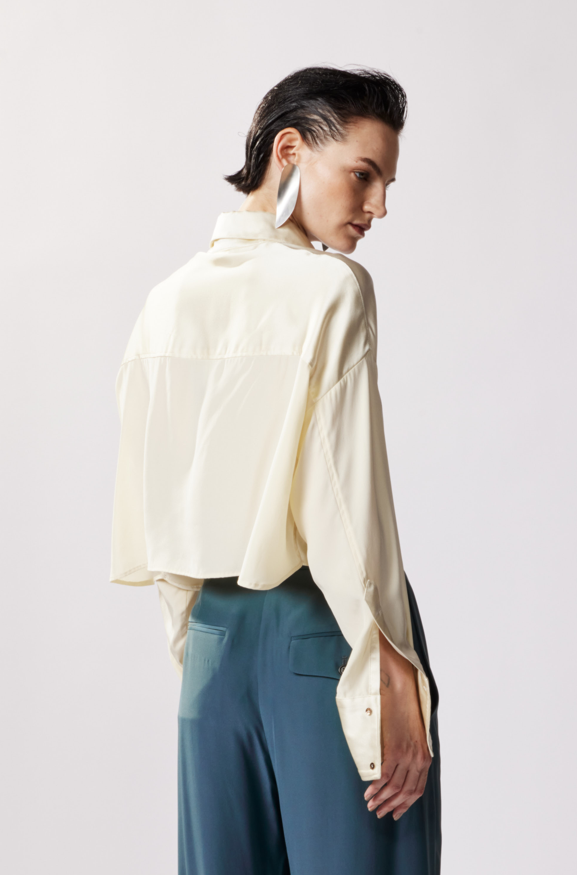 Black Oversized Button Down | Cropped Satin Blouse | KES NYC