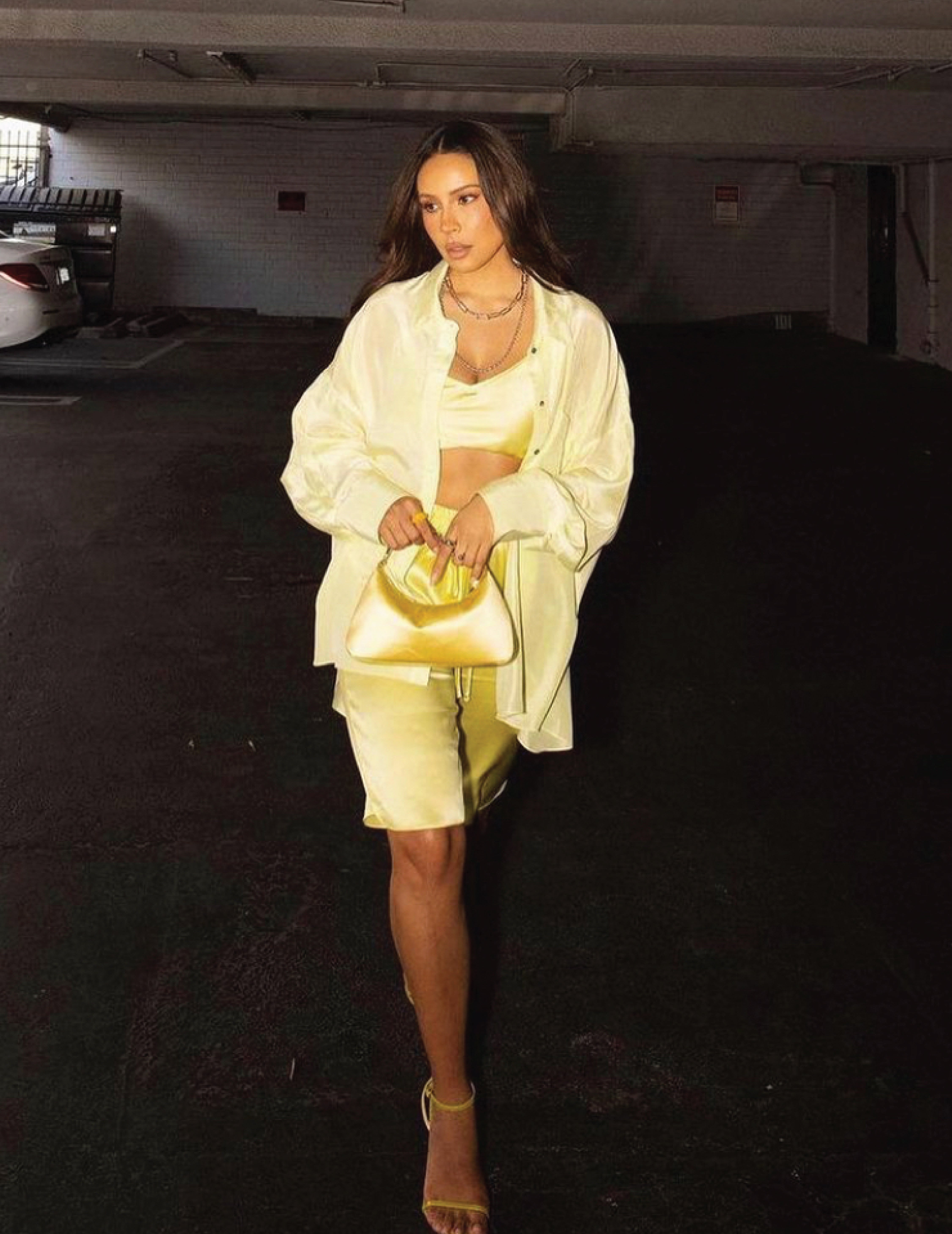 Desi Perkins in KES Time Out Set and Oversized Habotai Shirt