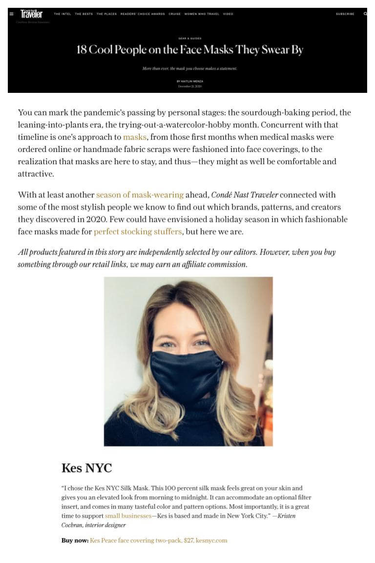 KES PRESS: CondeNast Traveler, 18 Cool People on the Face Masks They Love