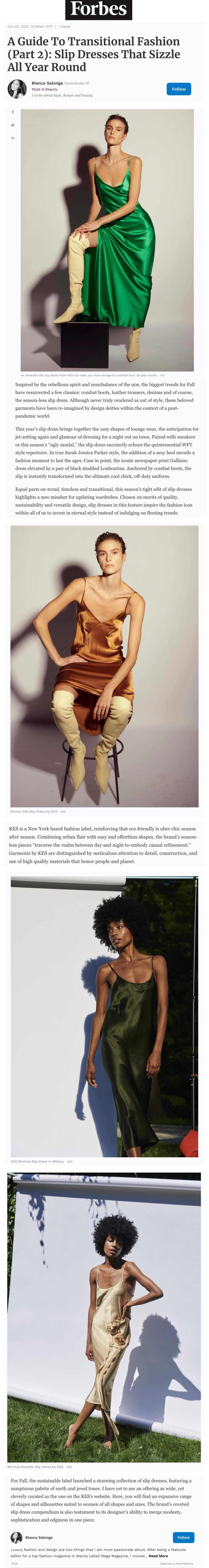 KES PRESS: Forbes - A GUIDE TO TRANSITIONAL FASHION: SLIP DRESSES THAT SIZZLE ALL YEAR ROUND