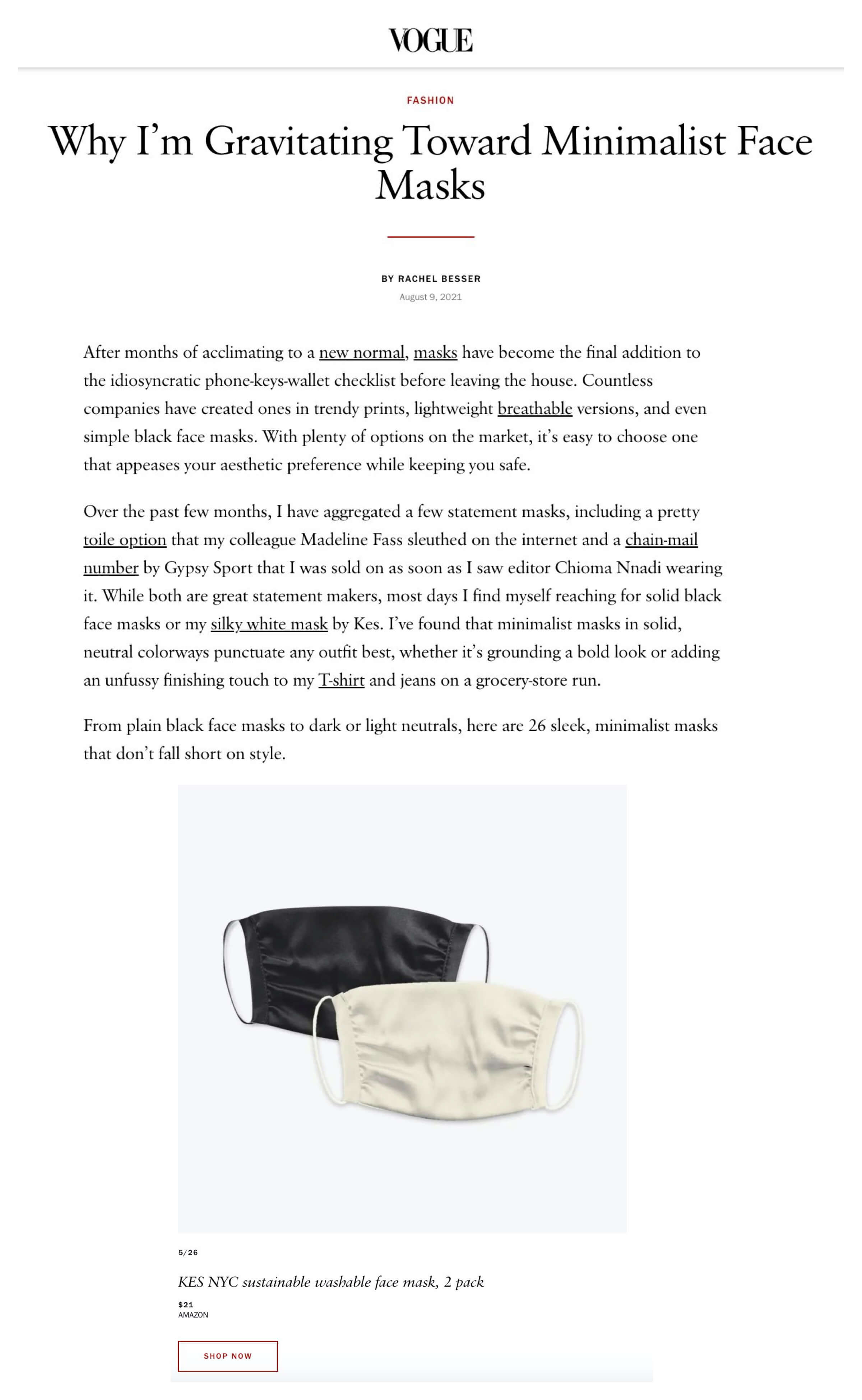 KES PRESS: VOGUE, Why I'm Gravitating Toward Minimalist Face Masks