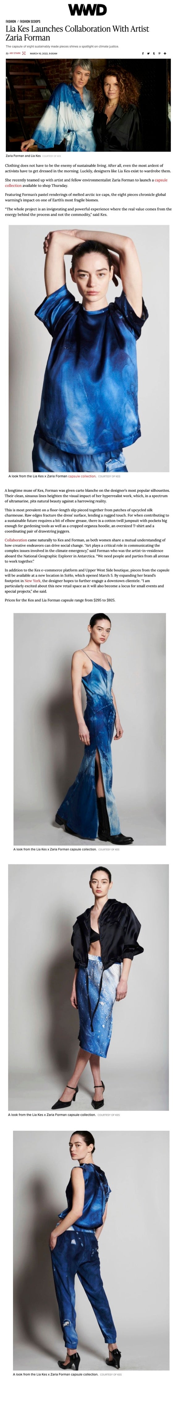 KES PRESS: WWD - Lia Kes Launched Collaboration With Artist Zaria Forman