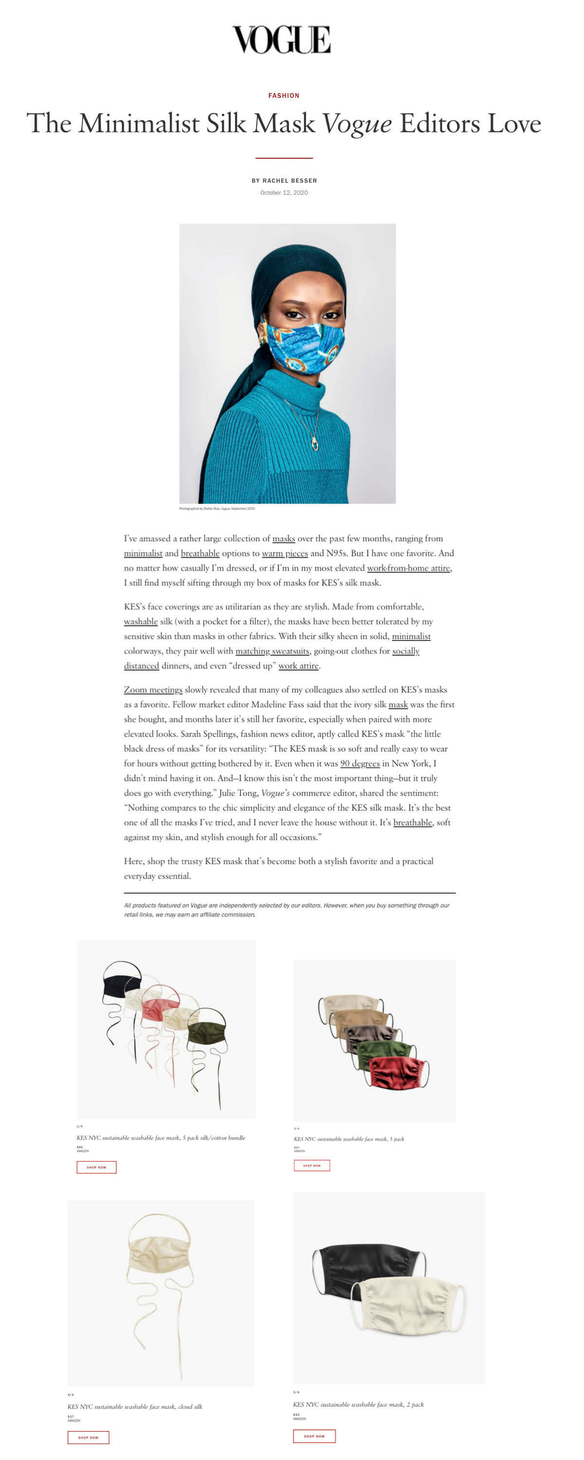 KES PRESS: VOGUE The Minimalist Silk Mask Vogue Editors Love